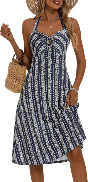 TORARY Halter Neck Backless Summer Vacation Beach Dress Sleeveless Off Shoulder Tie Front Aline Midi Dress with Pockets 2025