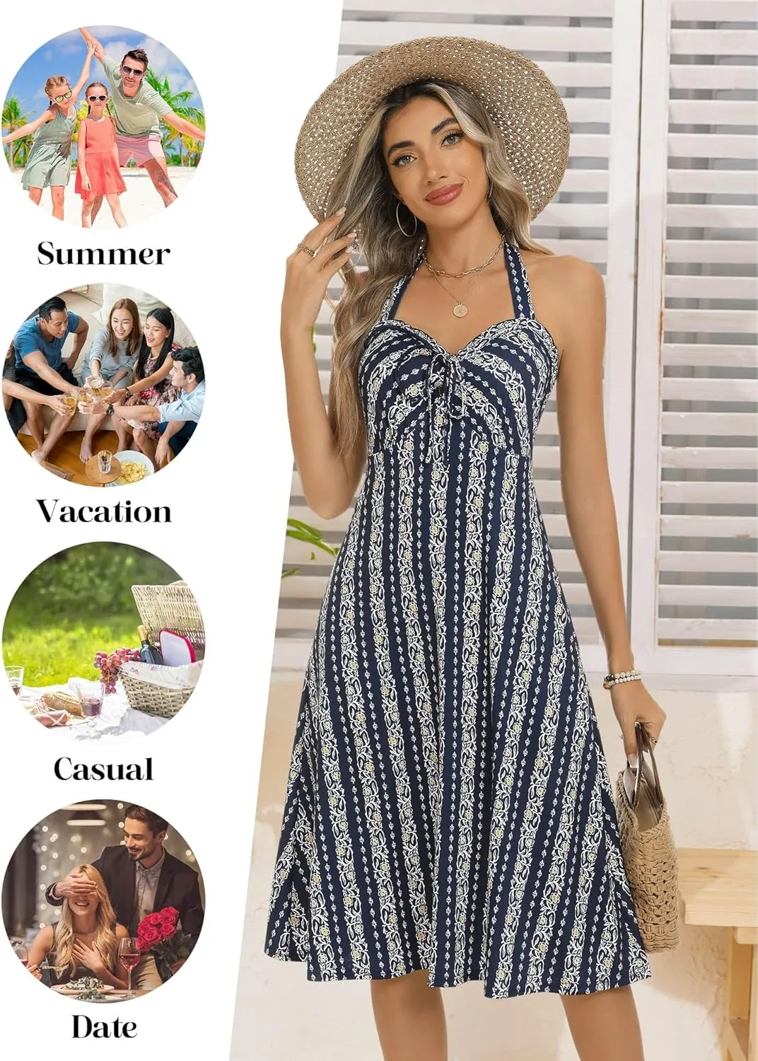 TORARY Halter Neck Backless Summer Vacation Beach Dress Sleeveless Off Shoulder Tie Front Aline Midi Dress with Pockets 2025