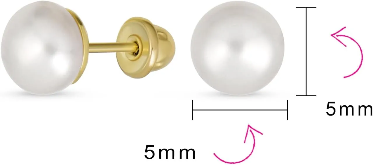 Traditional Tiny Minimalist CZ Accent Real 10-14K Gold White Freshwater Cultured Pearl Stud Earrings Helix Cartilage Ear Lobe For Women Screw Back