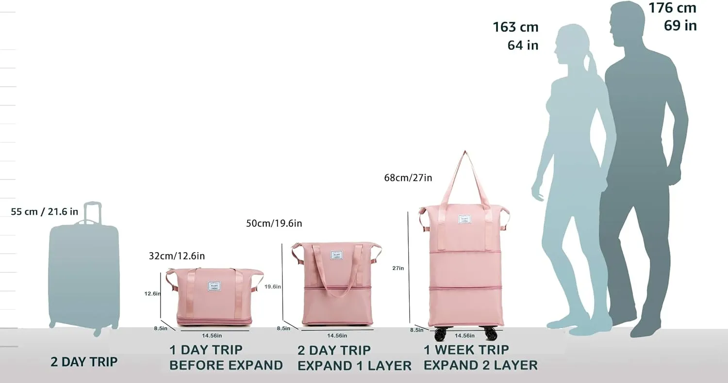 Travel Rolling Duffel Bag with Removable Wheels,Expandable Foldable Carry-On Luggage for Trip or Hospitalization