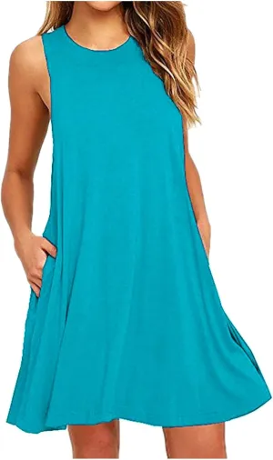 Trendy Women Summer Lace Hem Tank Dresses Casual Sleeveless Beachwear Round Neck Solid Color Comfy Dress with Pocket