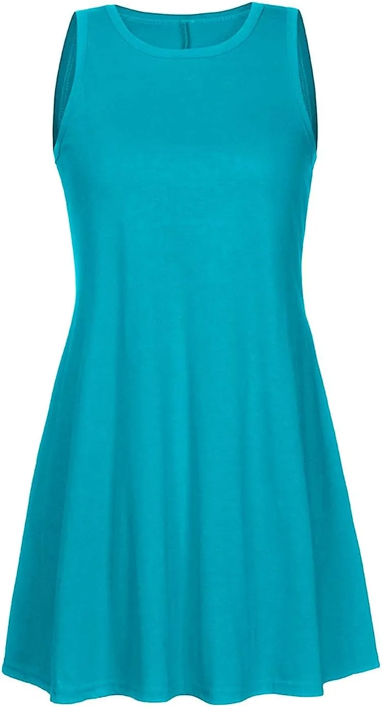 Trendy Women Summer Lace Hem Tank Dresses Casual Sleeveless Beachwear Round Neck Solid Color Comfy Dress with Pocket