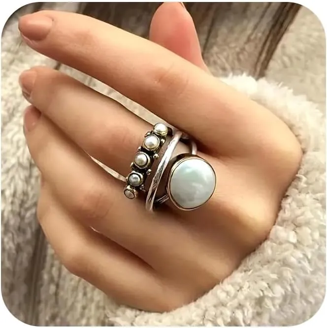 Tuwiqsdi Cross Pearl Ring Fashion Jewelry Vintage Gold Silver Two-Tone Triple Layer Pearl Cross Ring for Women(7)