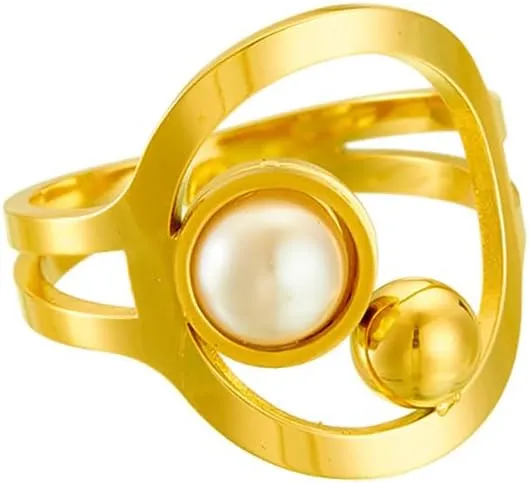 Unique Geometric Open Statement Ring Stainless Steel Pearl Bead Ball Round Circle Adjustable Finger Rings Engagement Wedding Promise Bands Gold Plated Elegant Jewelry for Women Wife Mom
