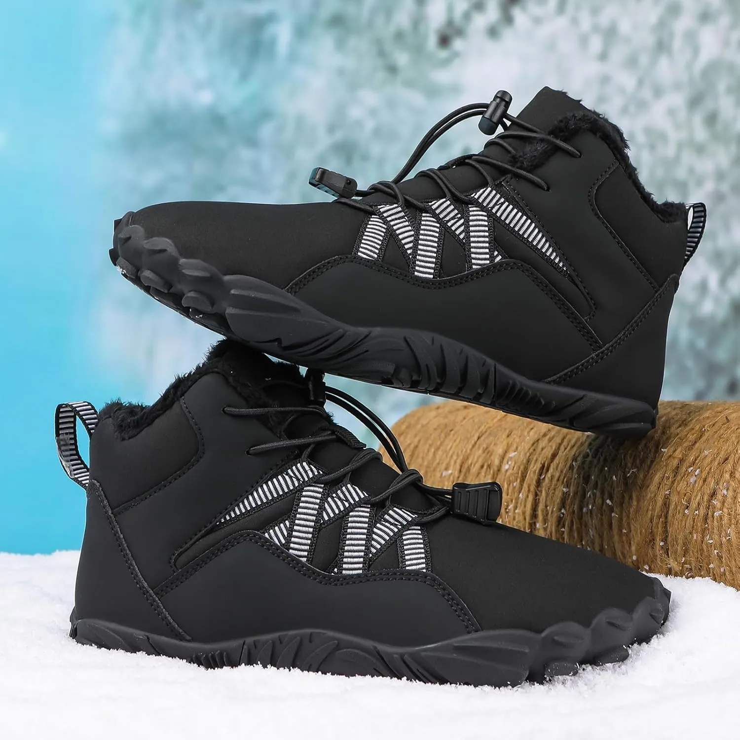 uSecee Barefoot Winter Shoes Women Mens Slip On Warm Zero Drop Snow Boots Wide Toe Box Ankle Booties Waterproof Fur Lined Boots Hiking Walking Shoes Five Finger Sneakers with Adjustable Elastic Band