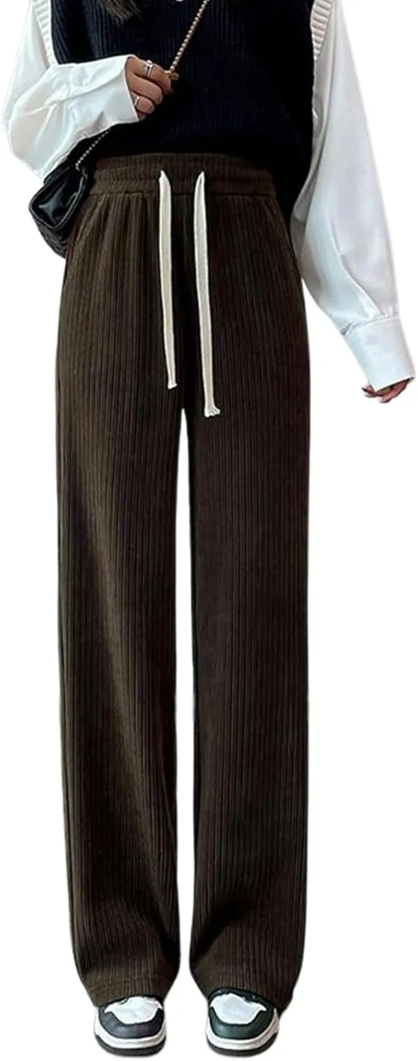 utcoco Women's High Waisted Corduroy Pants Casual Drawstring Wide Leg Corduroy Pants for Women