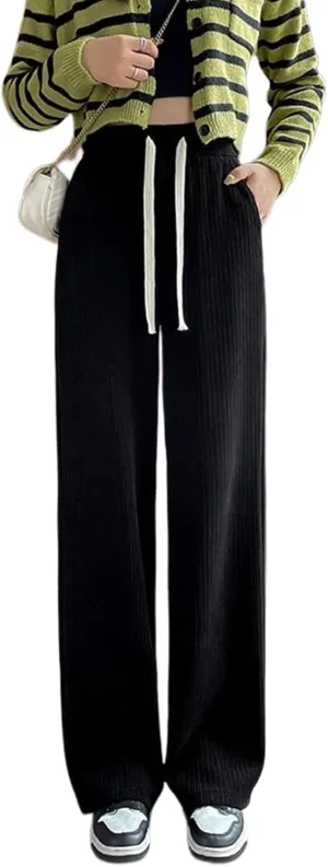 utcoco Women's High Waisted Corduroy Pants Casual Drawstring Wide Leg Corduroy Pants for Women