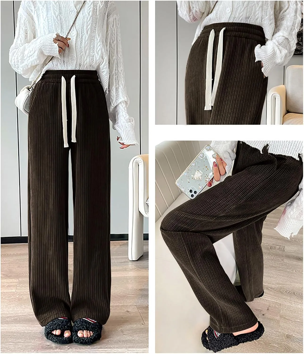 utcoco Women's High Waisted Corduroy Pants Casual Drawstring Wide Leg Corduroy Pants for Women