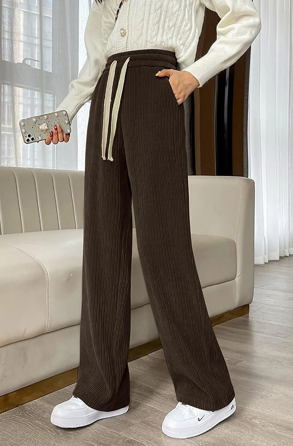 utcoco Women's High Waisted Corduroy Pants Casual Drawstring Wide Leg Corduroy Pants for Women