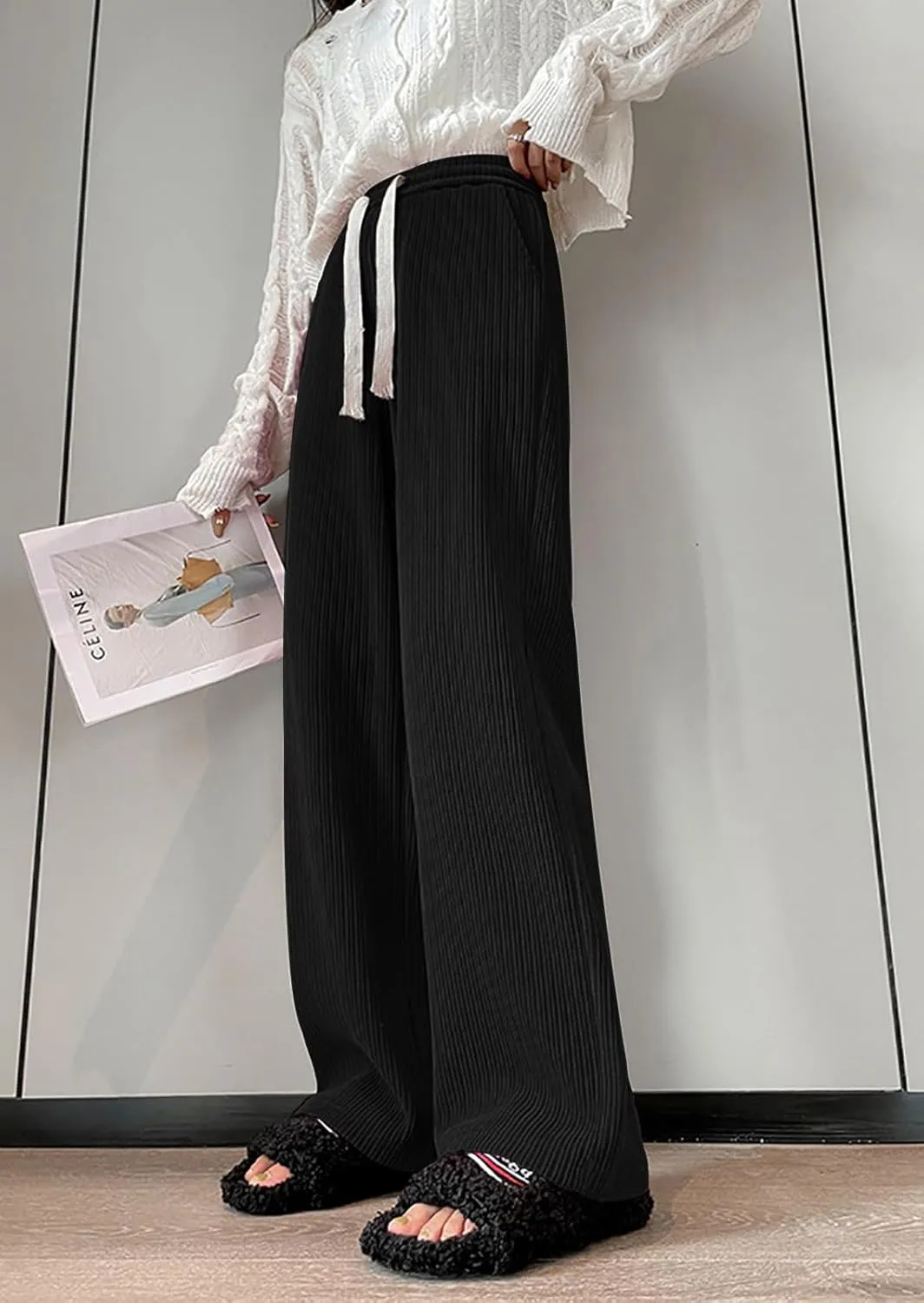 utcoco Women's High Waisted Corduroy Pants Casual Drawstring Wide Leg Corduroy Pants for Women