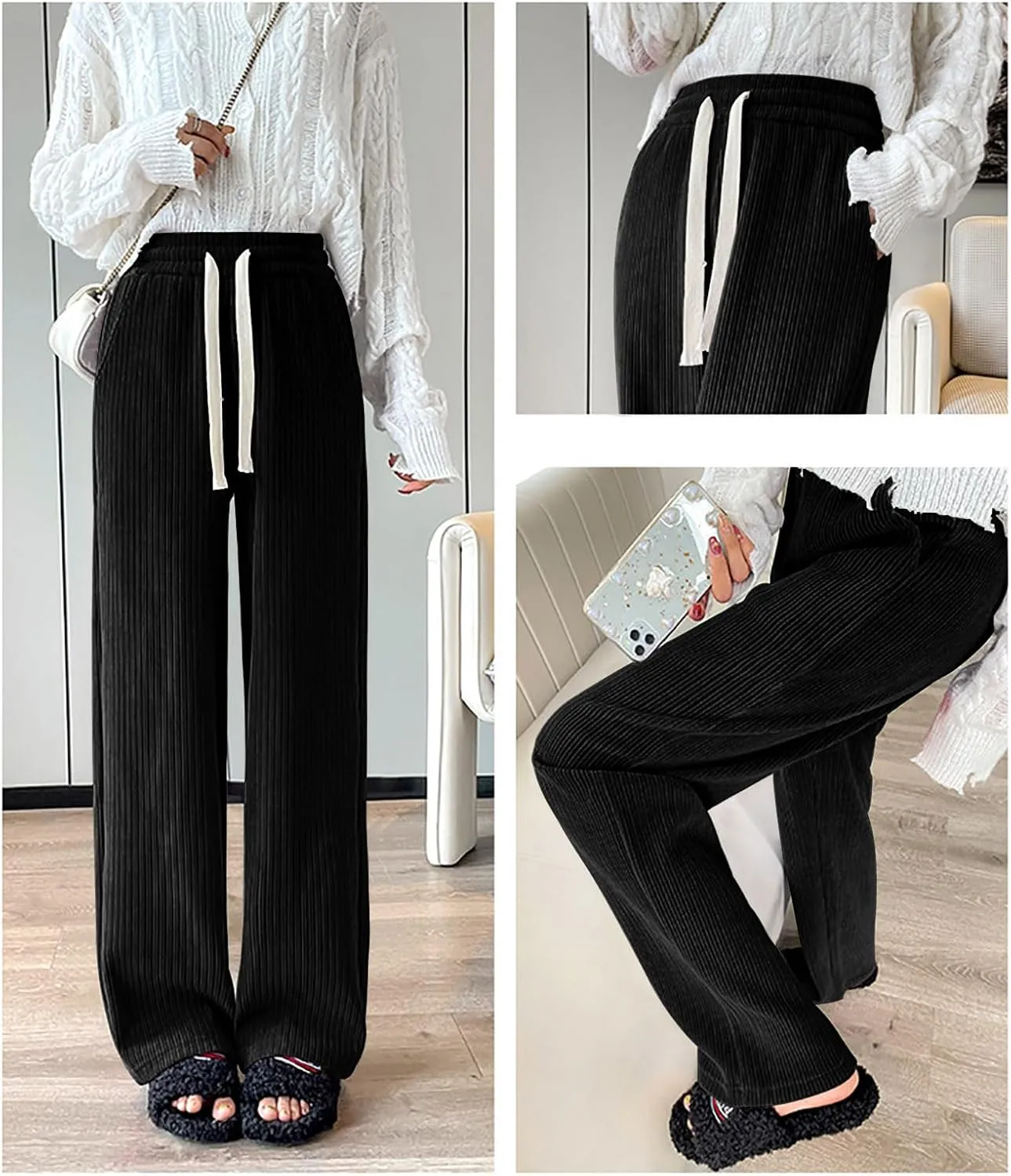 utcoco Women's High Waisted Corduroy Pants Casual Drawstring Wide Leg Corduroy Pants for Women