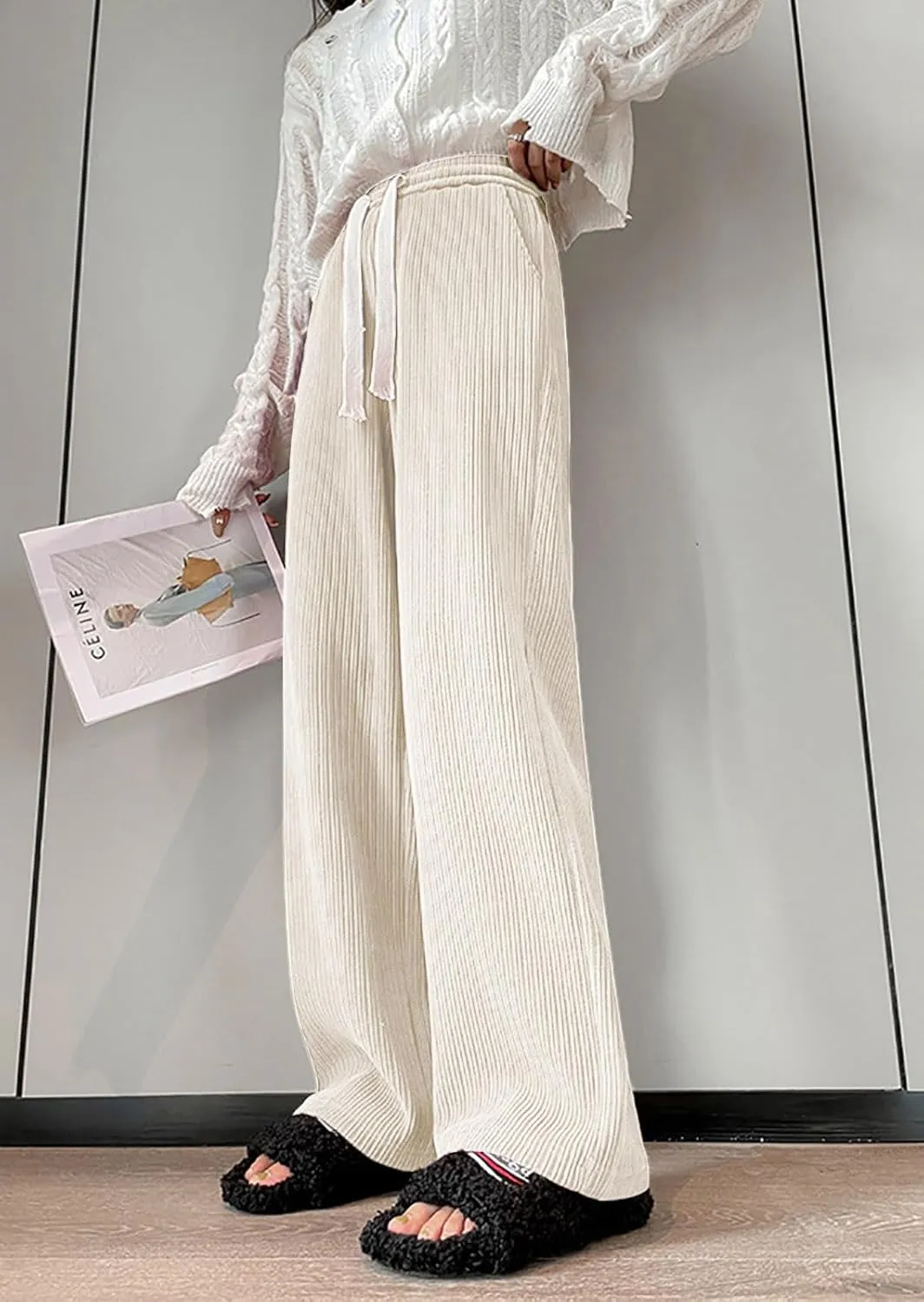 utcoco Women's High Waisted Corduroy Pants Casual Drawstring Wide Leg Corduroy Pants for Women