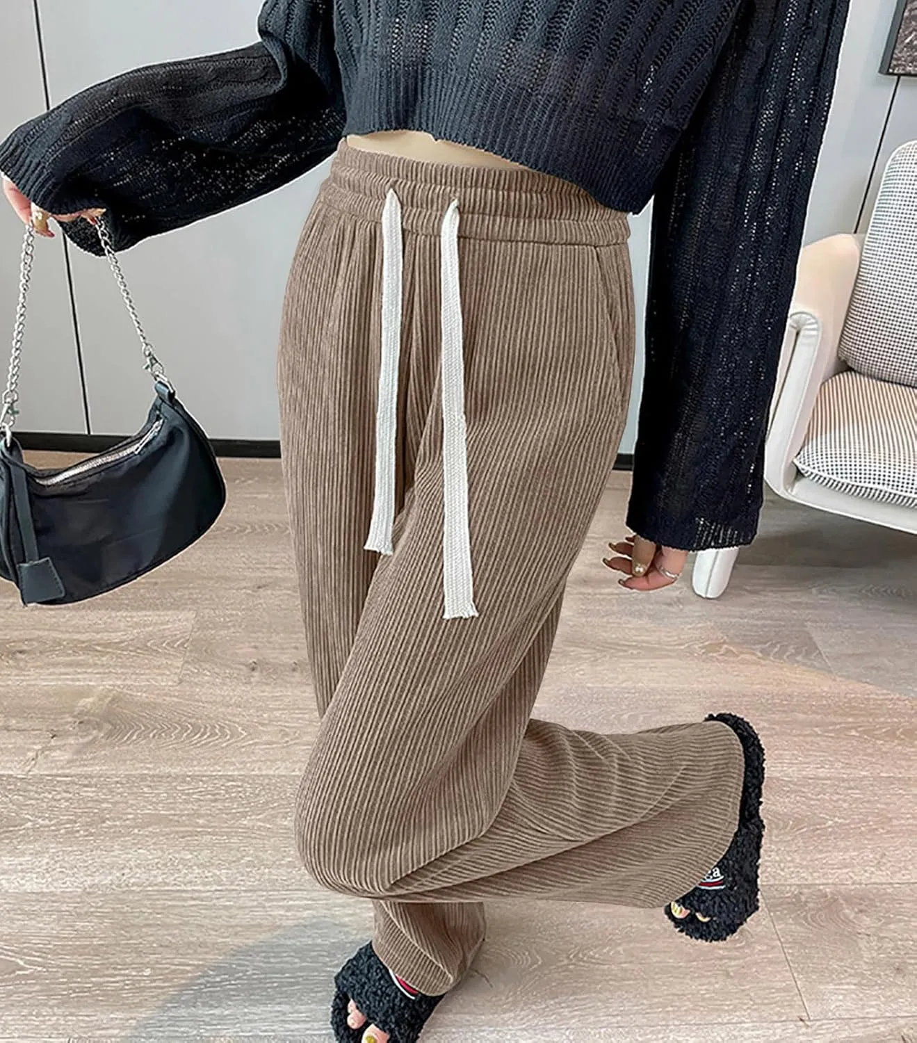 utcoco Women's High Waisted Corduroy Pants Casual Drawstring Wide Leg Corduroy Pants for Women