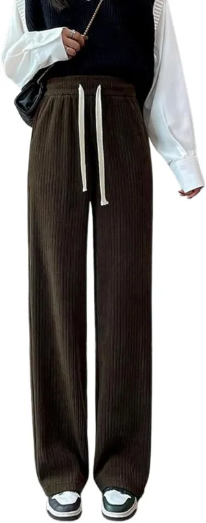 utcoco Women's High Waisted Corduroy Pants Casual Drawstring Wide Leg Corduroy Pants for Women