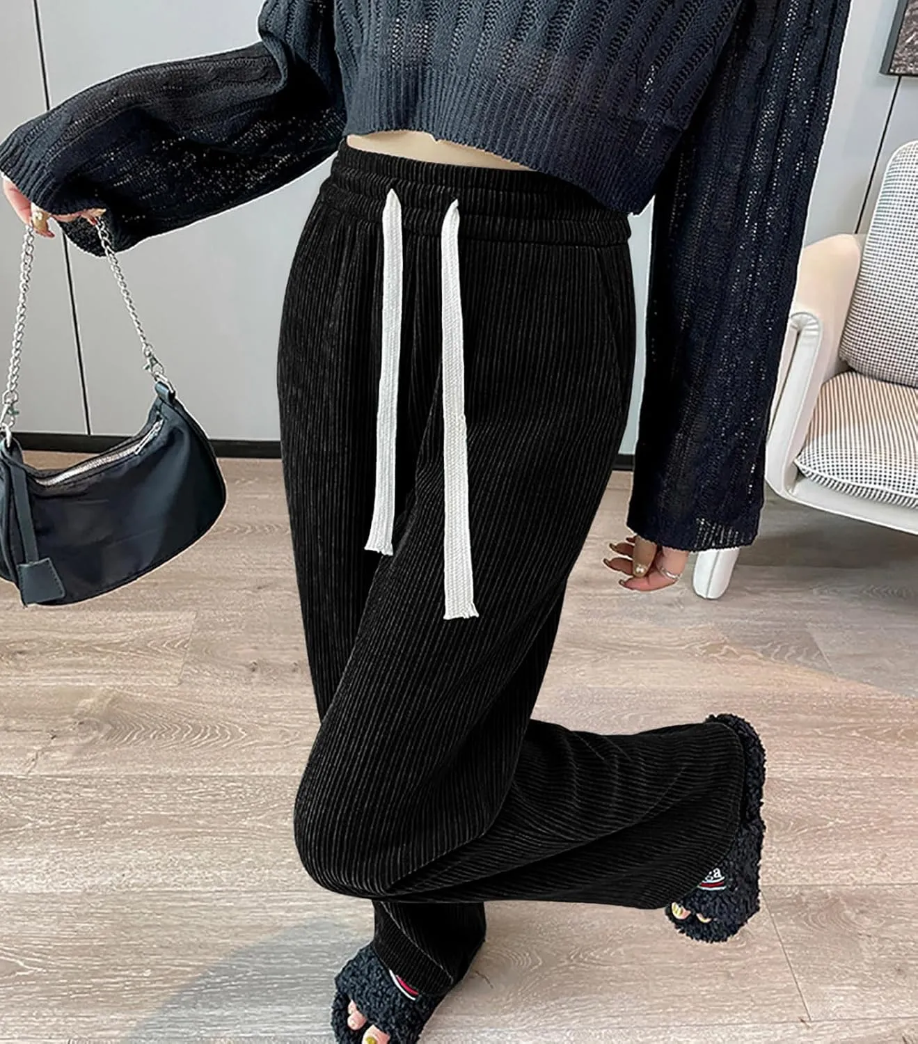 utcoco Women's High Waisted Corduroy Pants Casual Drawstring Wide Leg Corduroy Pants for Women