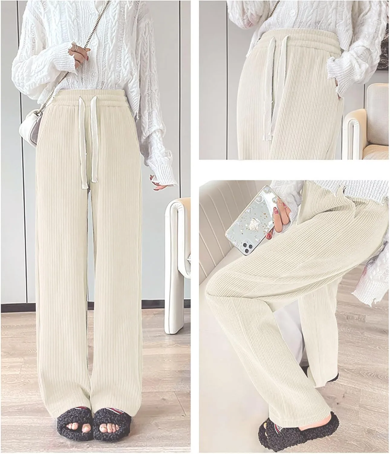 utcoco Women's High Waisted Corduroy Pants Casual Drawstring Wide Leg Corduroy Pants for Women