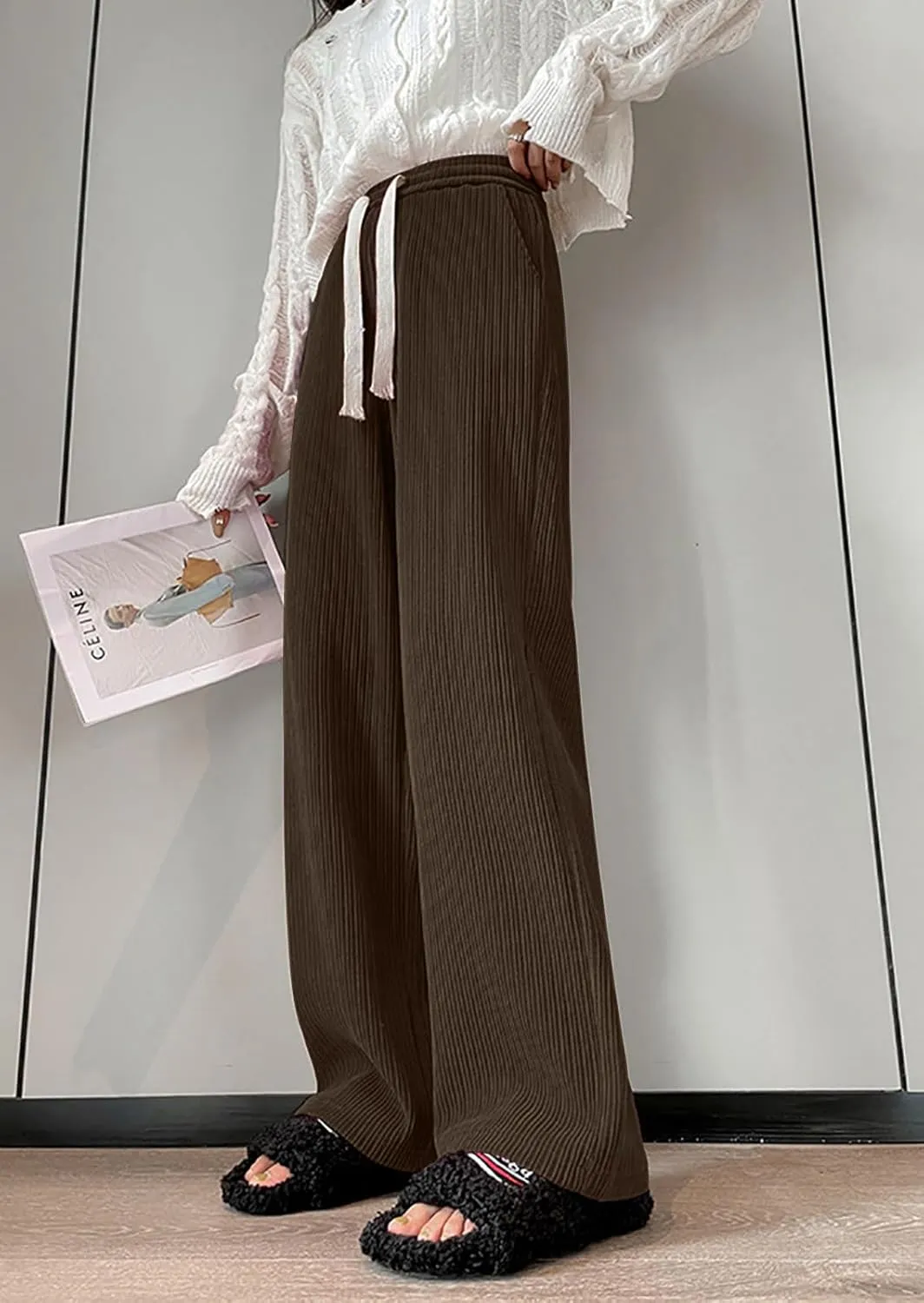 utcoco Women's High Waisted Corduroy Pants Casual Drawstring Wide Leg Corduroy Pants for Women