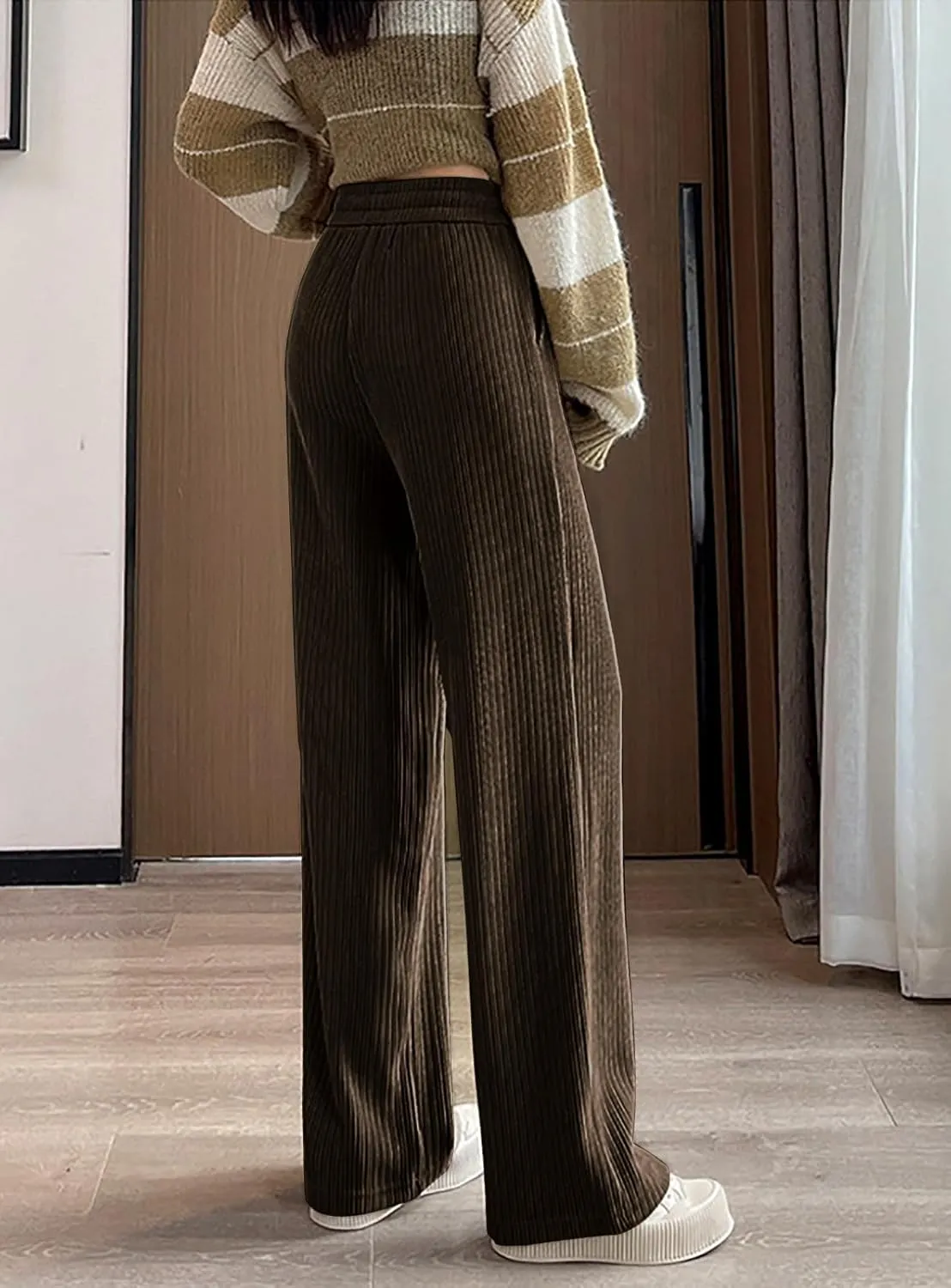utcoco Women's High Waisted Corduroy Pants Casual Drawstring Wide Leg Corduroy Pants for Women