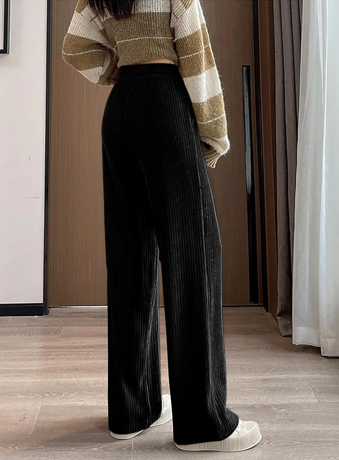 utcoco Women's High Waisted Corduroy Pants Casual Drawstring Wide Leg Corduroy Pants for Women