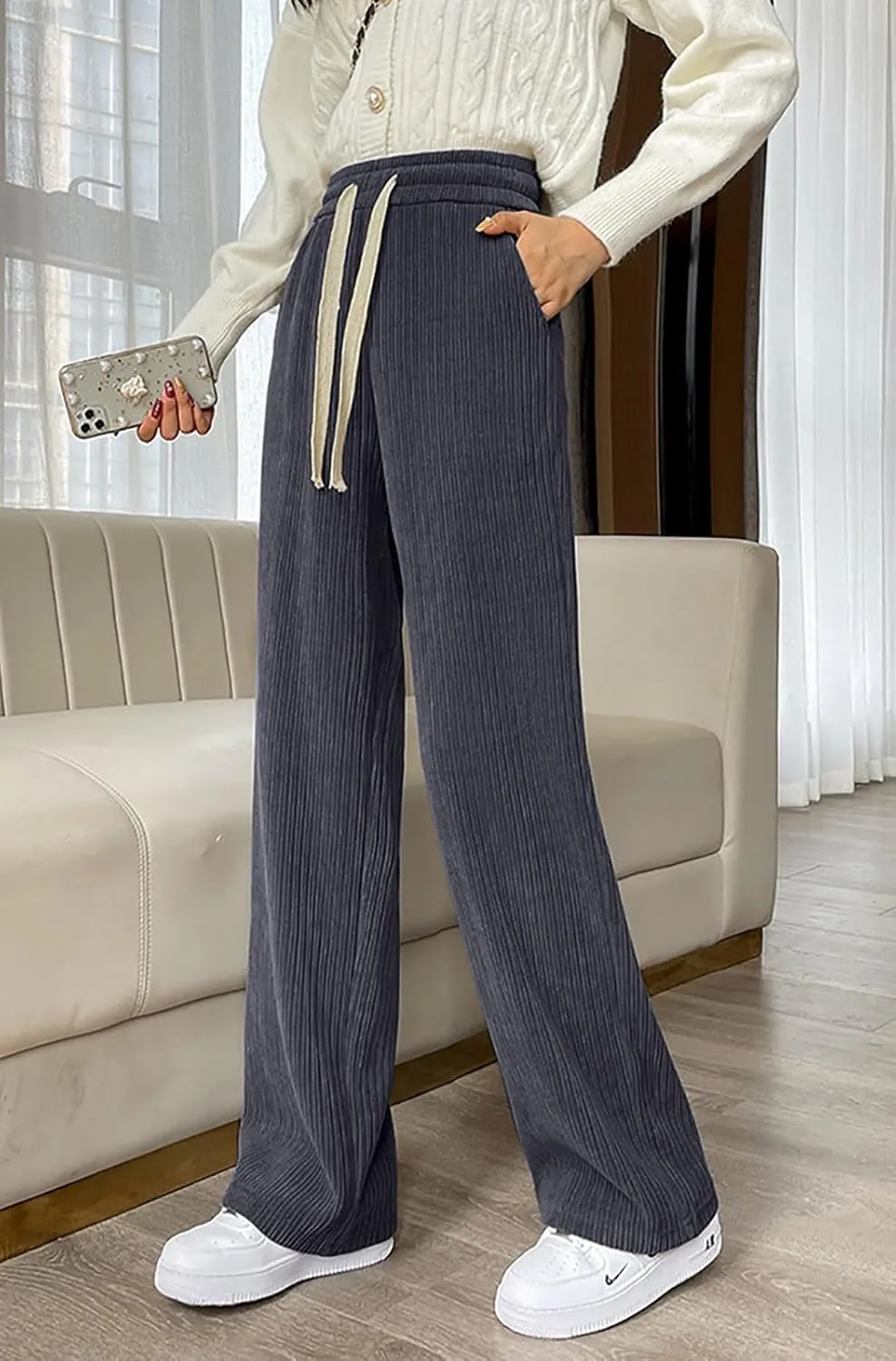 utcoco Women's High Waisted Corduroy Pants Casual Drawstring Wide Leg Corduroy Pants for Women