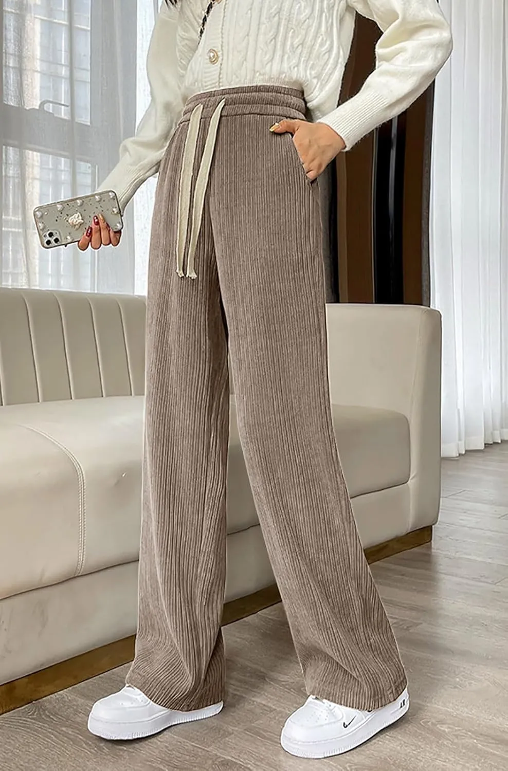 utcoco Women's High Waisted Corduroy Pants Casual Drawstring Wide Leg Corduroy Pants for Women