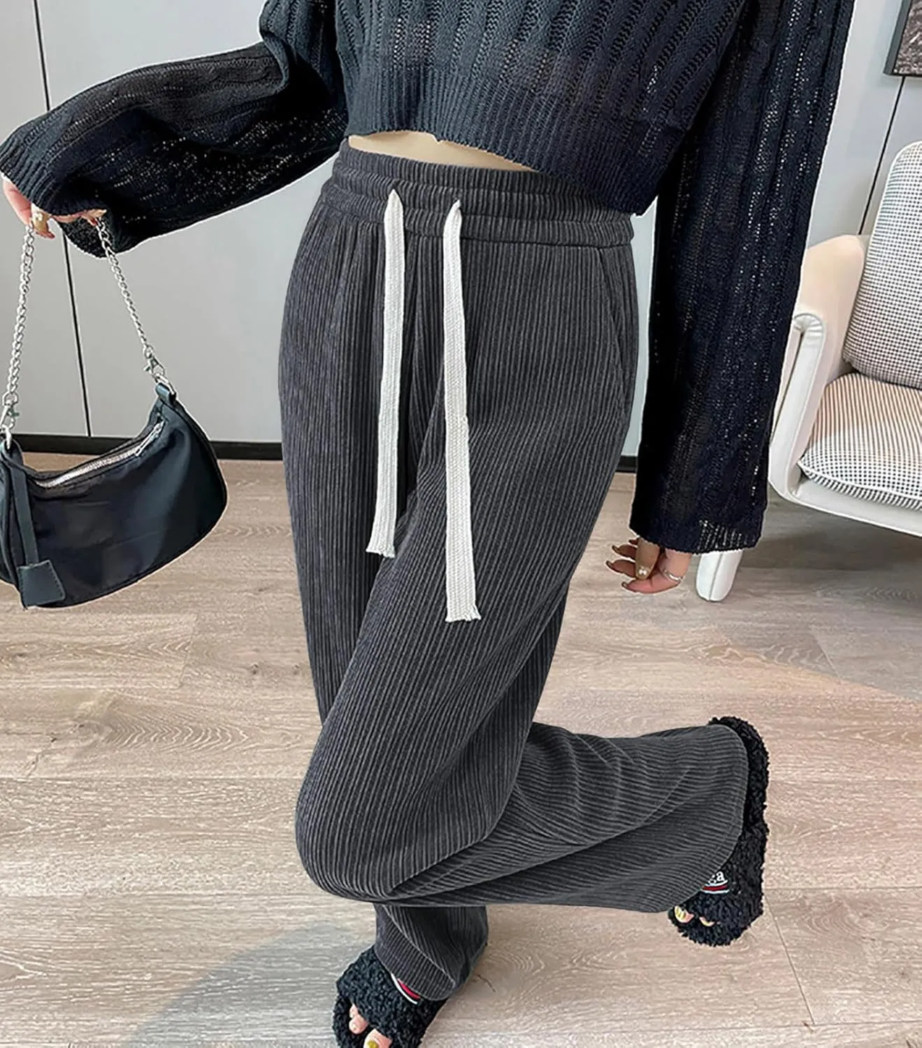 utcoco Women's High Waisted Corduroy Pants Casual Drawstring Wide Leg Corduroy Pants for Women