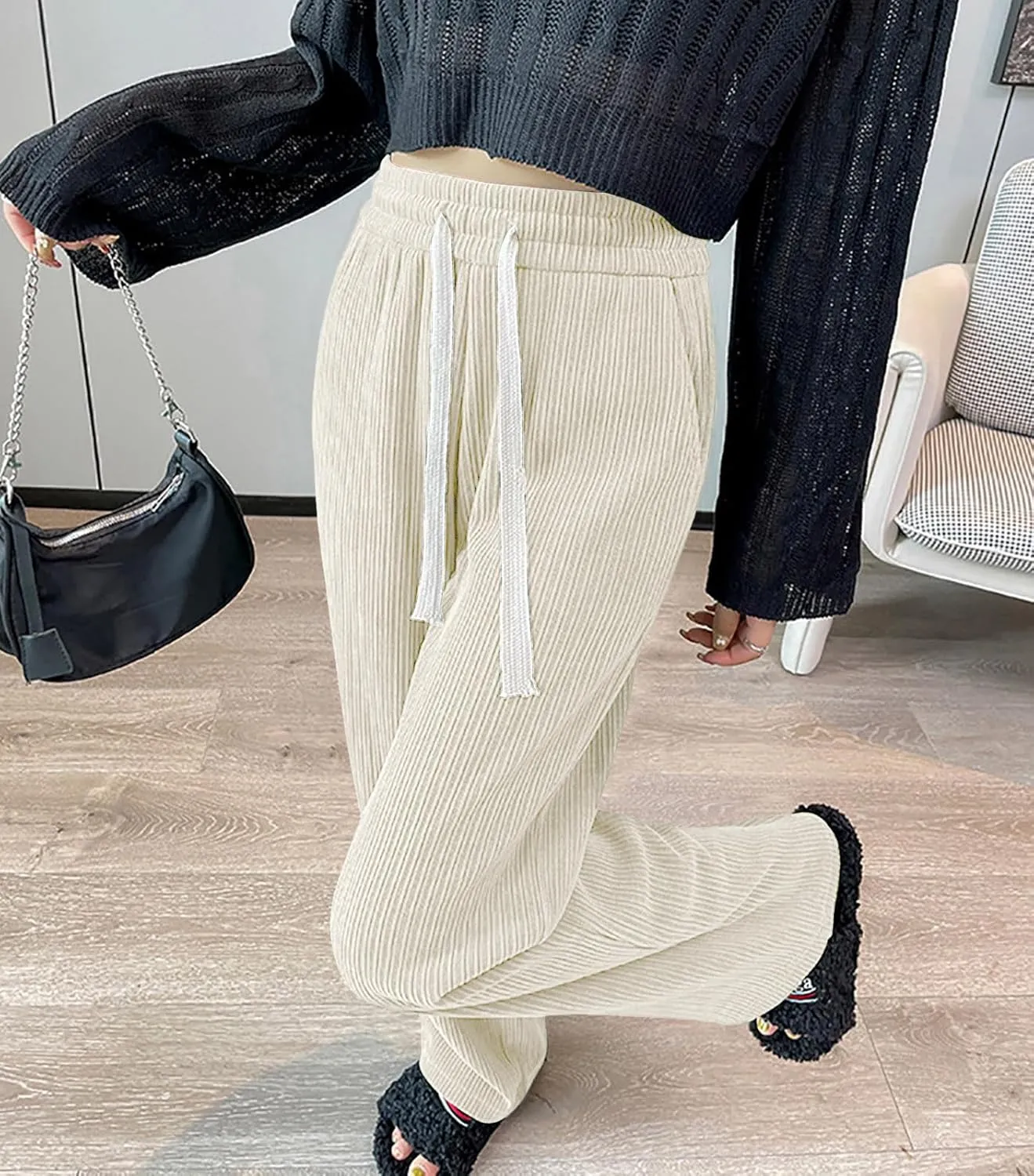 utcoco Women's High Waisted Corduroy Pants Casual Drawstring Wide Leg Corduroy Pants for Women