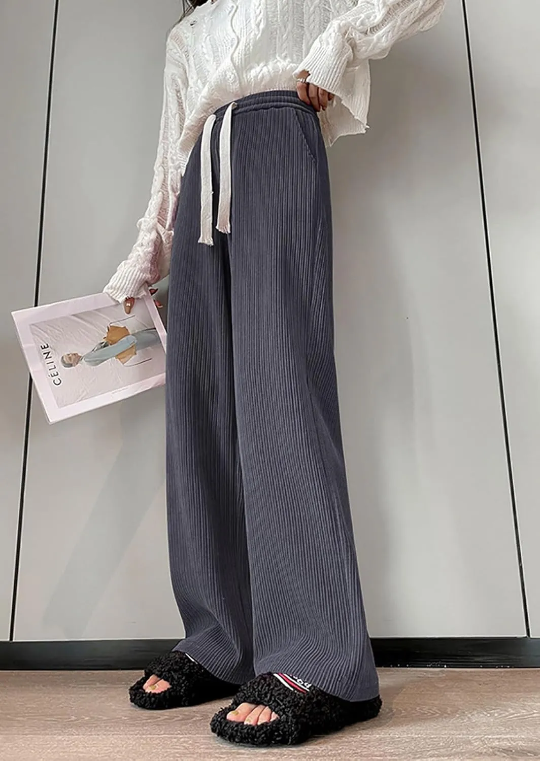 utcoco Women's High Waisted Corduroy Pants Casual Drawstring Wide Leg Corduroy Pants for Women