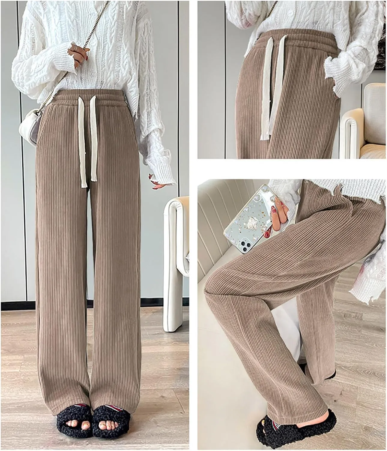 utcoco Women's High Waisted Corduroy Pants Casual Drawstring Wide Leg Corduroy Pants for Women