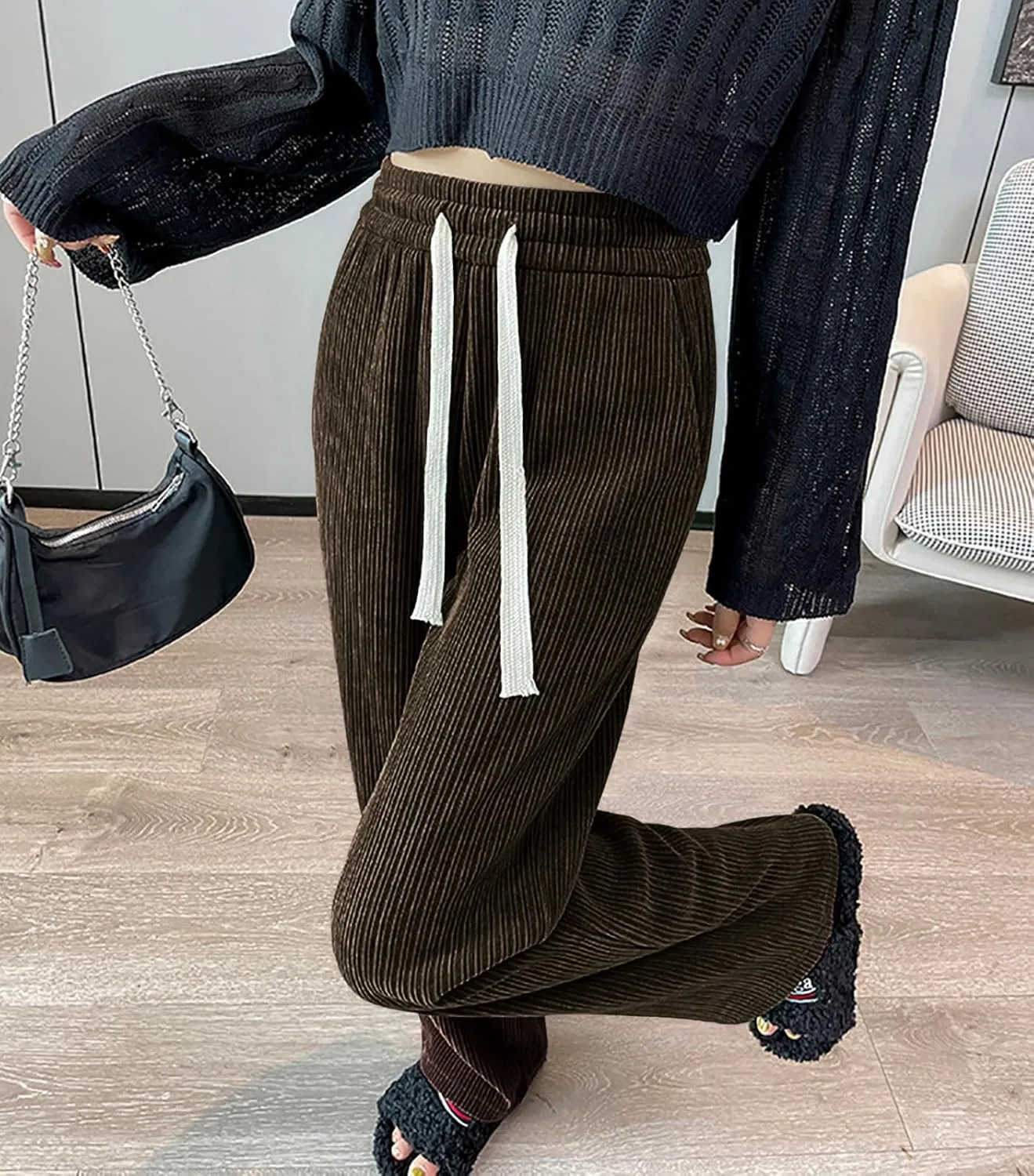 utcoco Women's High Waisted Corduroy Pants Casual Drawstring Wide Leg Corduroy Pants for Women