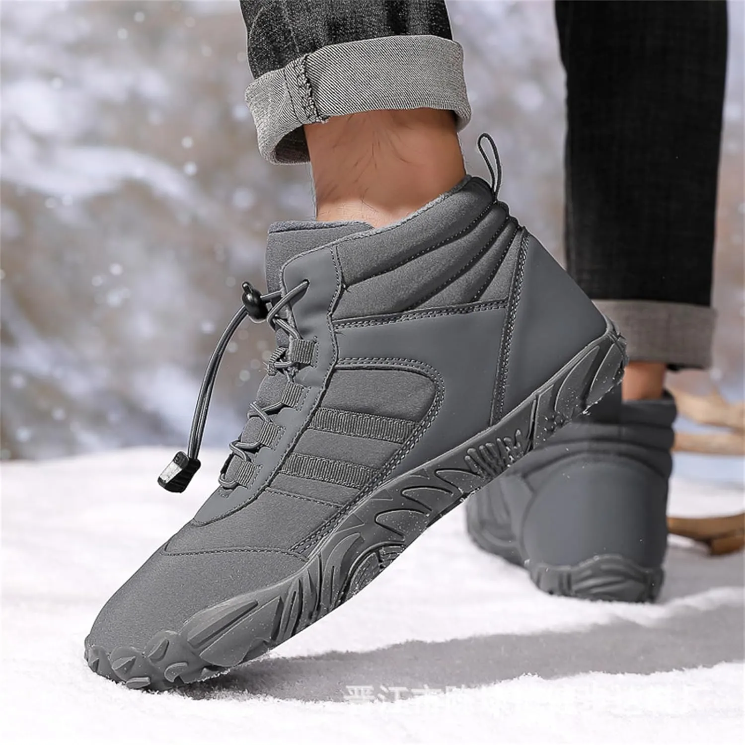 UZUJBAA Men's Winter Warm Wide Toe Barefoot Shoes,Waterproof Fur Lined Minimalist Zero Drop Non-Slip Sole Sneakers Hiking Walking Shoes Comfort Outdoor Ankle Booties with Adjustable Elastic Band