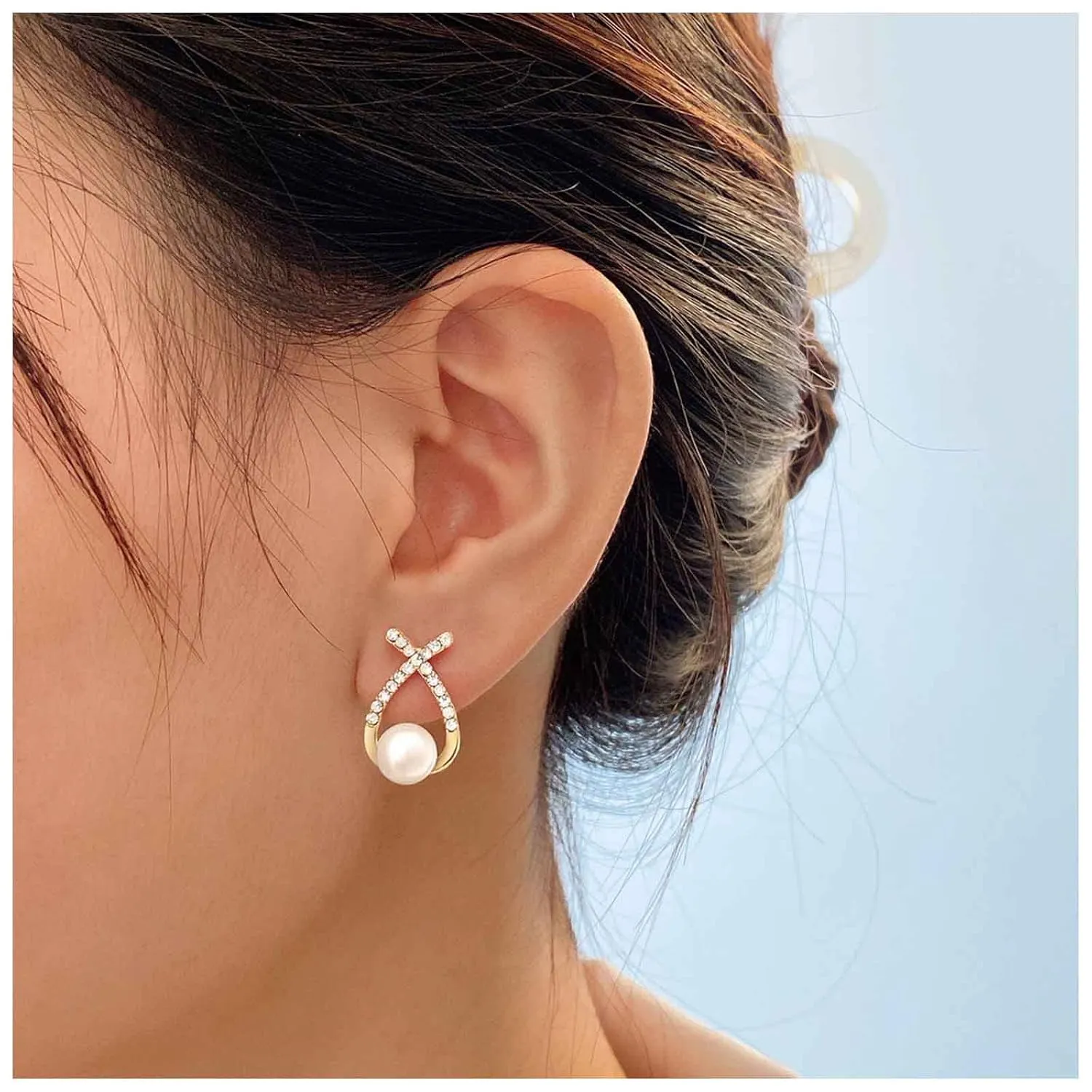 Vintage Crystal Pearl Earrings Pearl Drop Stud Earrings Gold Cz X Earrings Cz Cross Criss Bar Earrings Jewelry for Women (Gold)