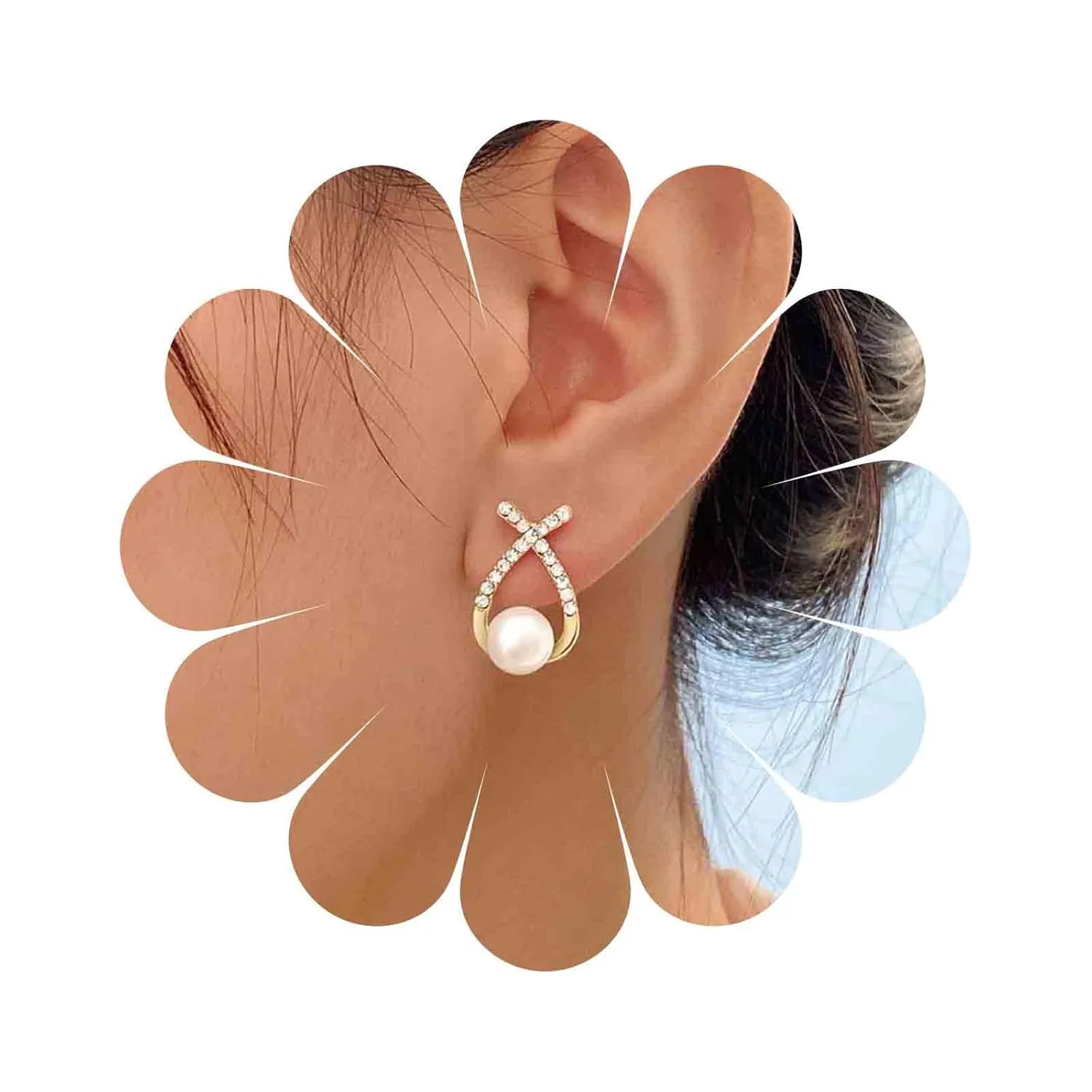 Vintage Crystal Pearl Earrings Pearl Drop Stud Earrings Gold Cz X Earrings Cz Cross Criss Bar Earrings Jewelry for Women (Gold)