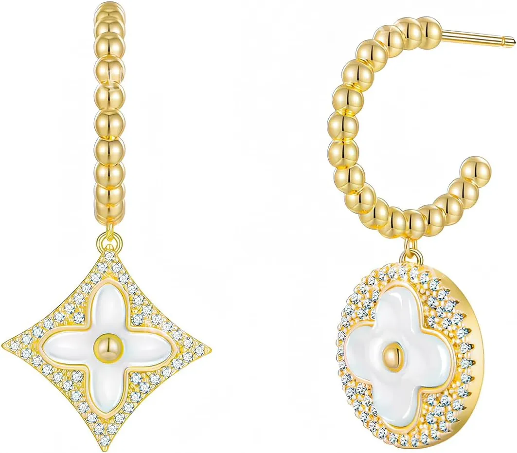 Vintage Pearl Drop Earrings for Women - 18K Gold Plated, Cubic Zirconia, S925 Sterling Silver Post, Asymmetrical Geometric Design, Elegant Dangle Earrings, Ideal Gift for Anniversary & Wedding