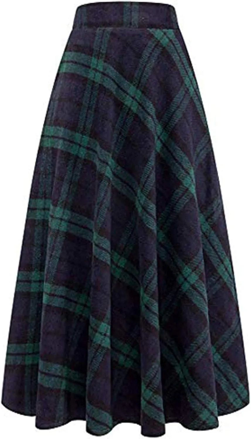 Vintage Skirts Womens High Waist Long Pleated Elastic Maxi Skirts A-line Plaid Winter Loose Bandage Flare Long Ankle Skirt