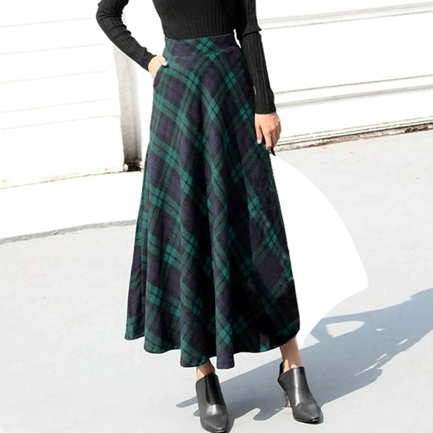 Vintage Skirts Womens High Waist Long Pleated Elastic Maxi Skirts A-line Plaid Winter Loose Bandage Flare Long Ankle Skirt