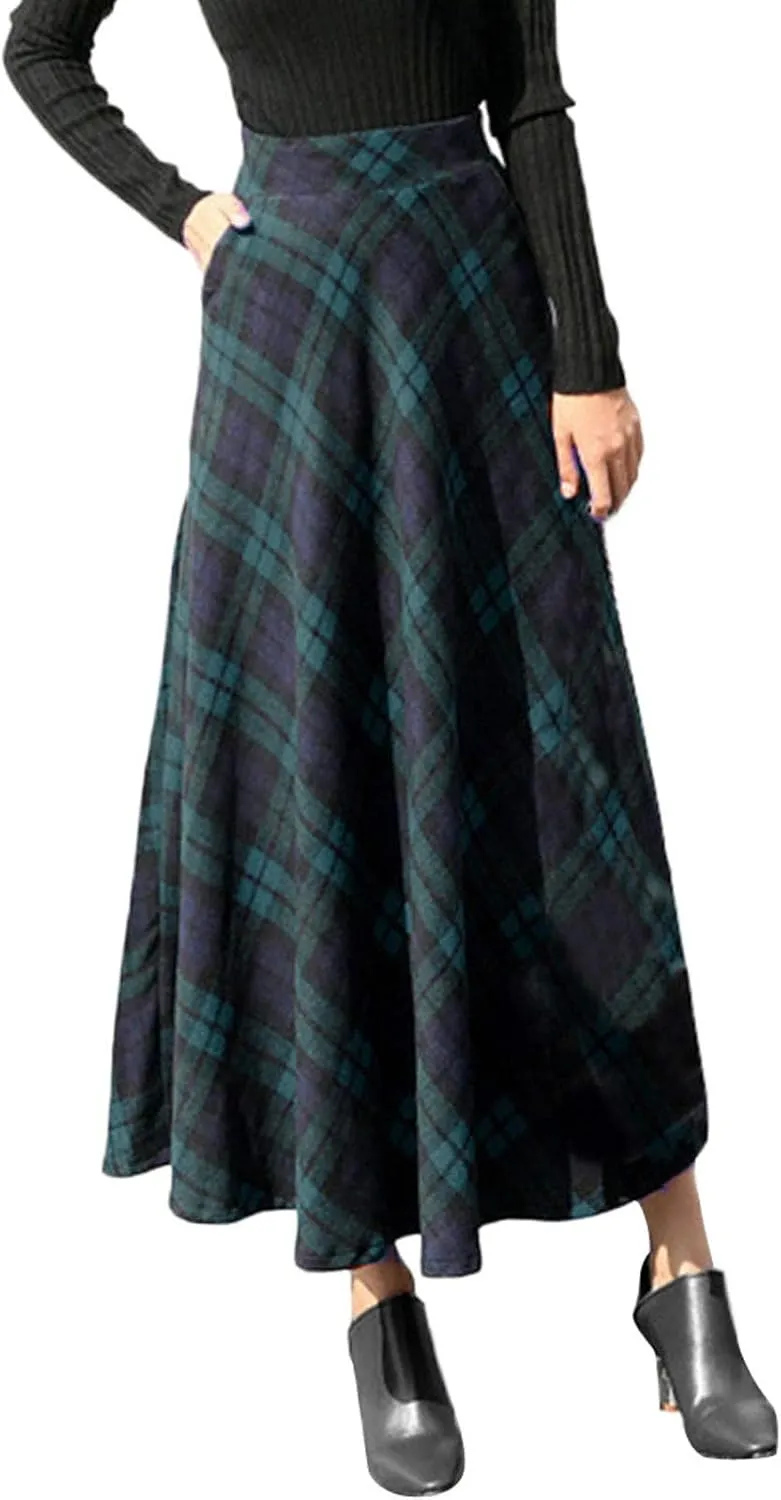 Vintage Skirts Womens High Waist Long Pleated Elastic Maxi Skirts A-line Plaid Winter Loose Bandage Flare Long Ankle Skirt