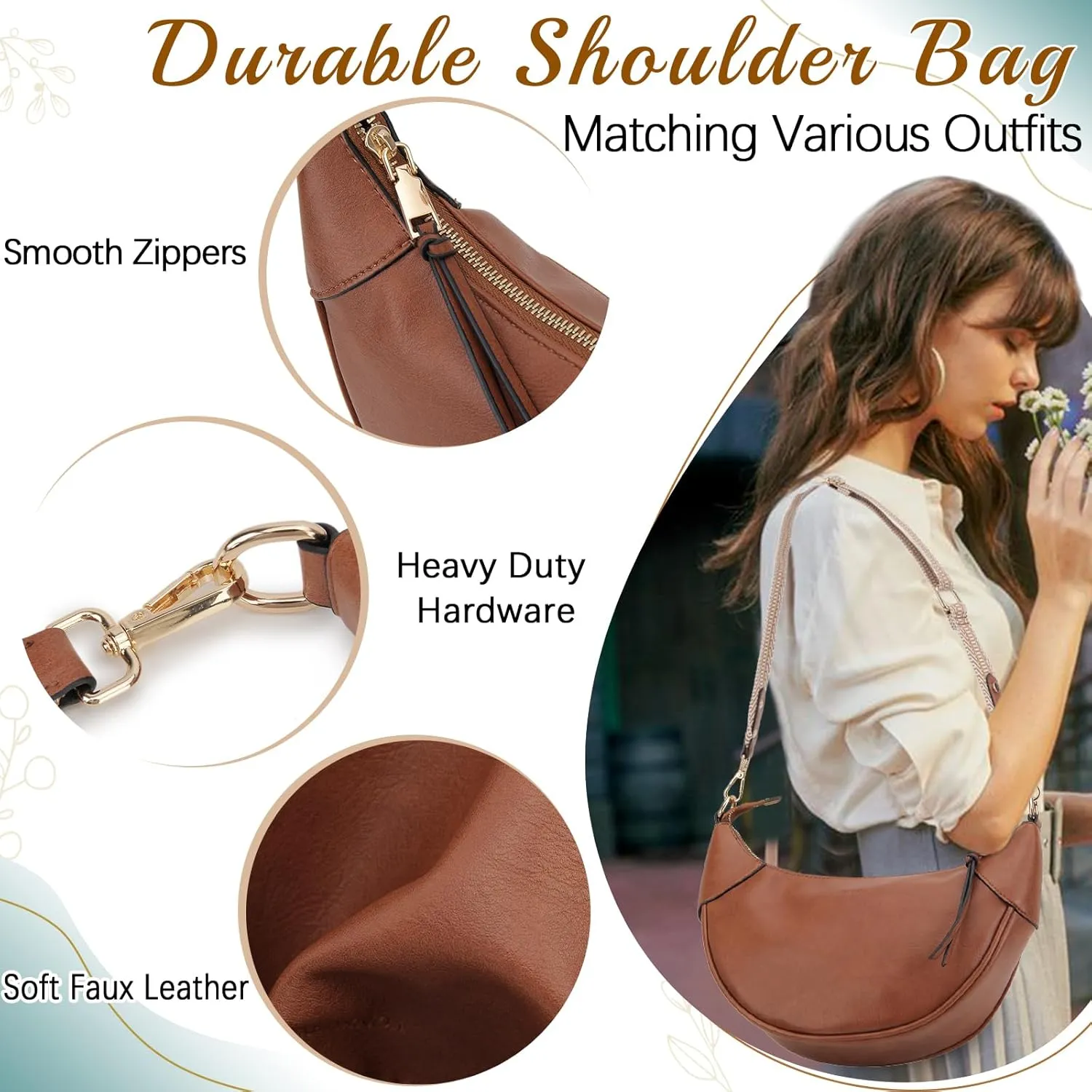 VX VONXURY Shoulder Bag for Women, Small Faux Leather Crescent Crossbody Purse with Zipper Closure, Fashion Underarm Handbag