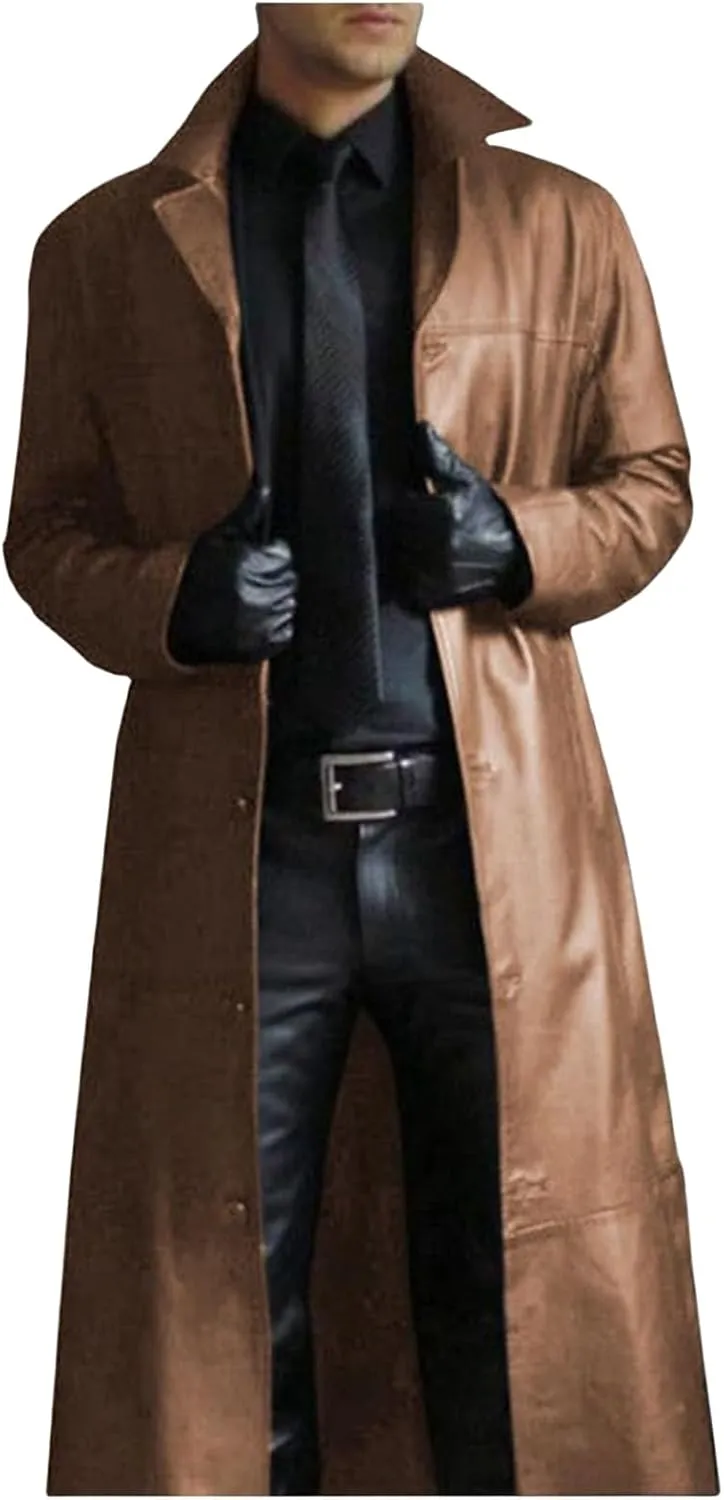 Wankang Mens Leather Trench Coat Full Length Classic Black Faux Leather Long Coat Steampunk Military Officer Uniform Overcoat