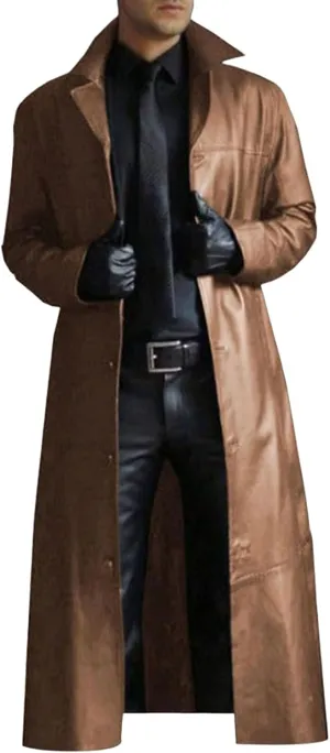 Wankang Mens Leather Trench Coat Full Length Classic Black Faux Leather Long Coat Steampunk Military Officer Uniform Overcoat