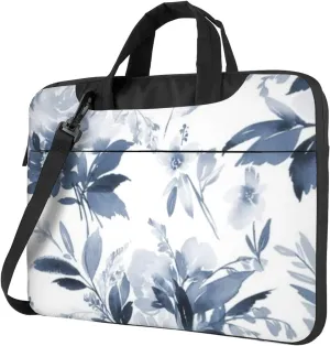 Watercolor Navy Blue Flowers Waterproof 13-15.6 Inch Laptop Bag For Man And Women, Computer Messenger Bag, Trendy Shoulder Strap Design