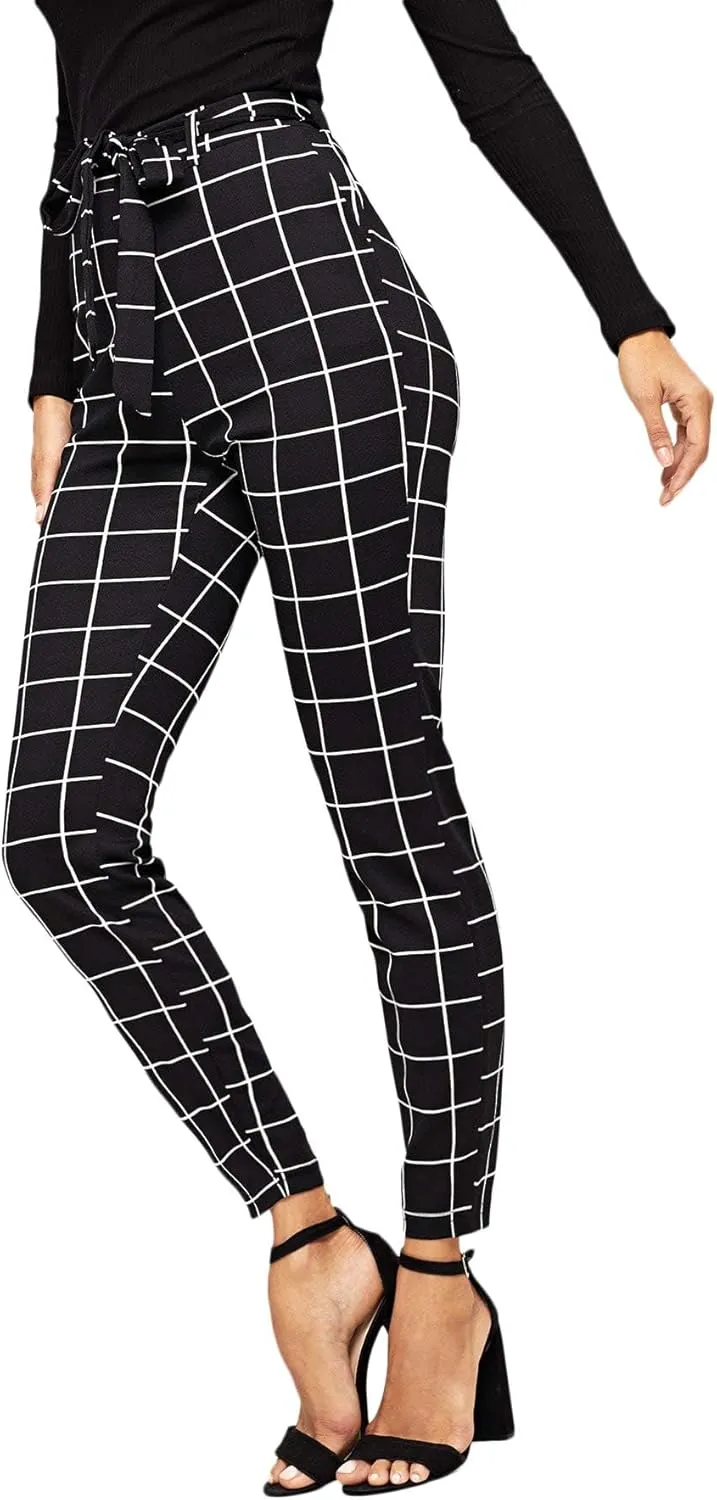 WDIRARA Women's Stretchy Plaid Print Pants Soft Skinny Regular Fashion Leggings