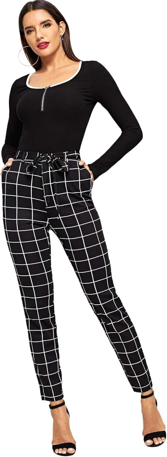 WDIRARA Women's Stretchy Plaid Print Pants Soft Skinny Regular Fashion Leggings
