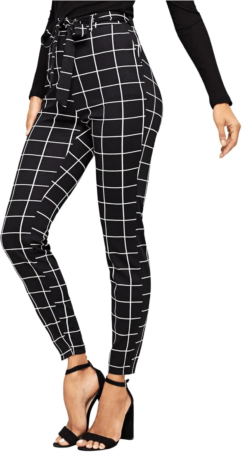 WDIRARA Women's Stretchy Plaid Print Pants Soft Skinny Regular Fashion Leggings