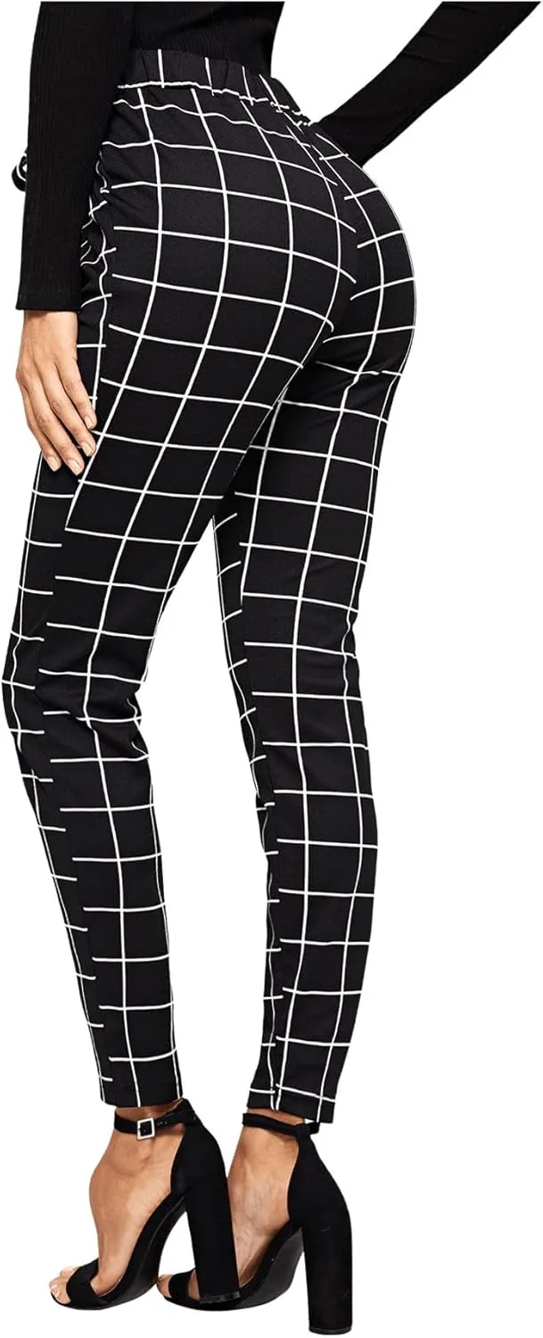 WDIRARA Women's Stretchy Plaid Print Pants Soft Skinny Regular Fashion Leggings