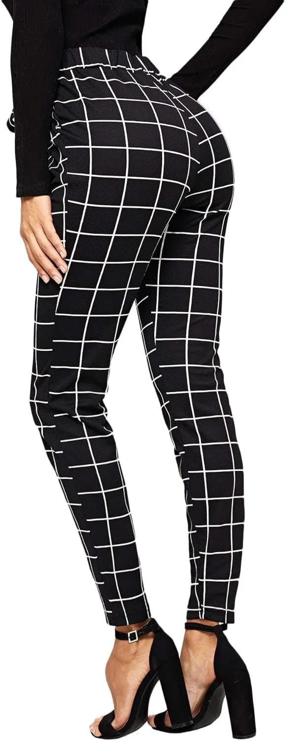 WDIRARA Women's Stretchy Plaid Print Pants Soft Skinny Regular Fashion Leggings