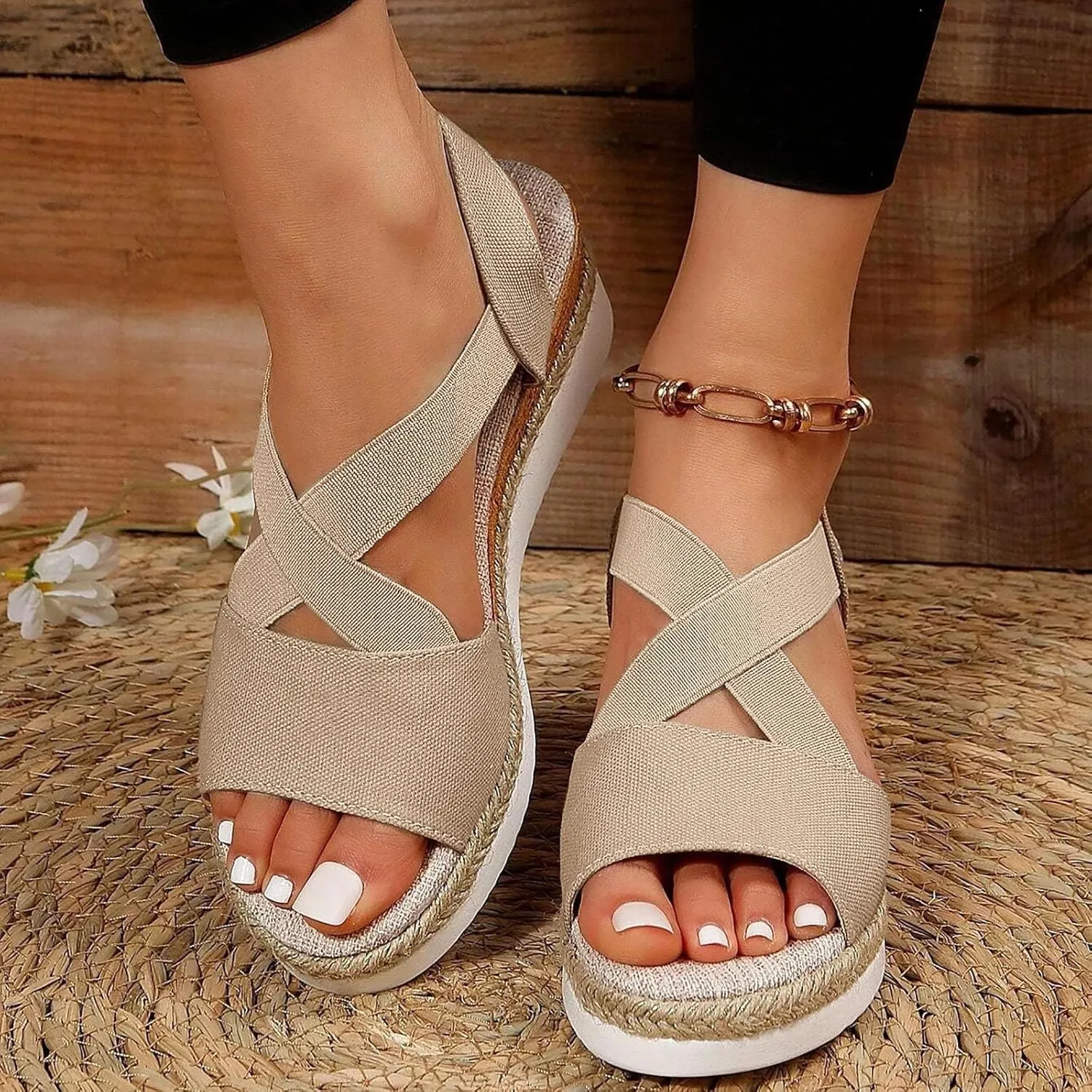 Wedge Sandals for Women Dressy Slip on Comfortable Summer Fashion Beach Sandals Open Toe Crossed Elastic Band Walking Shoes