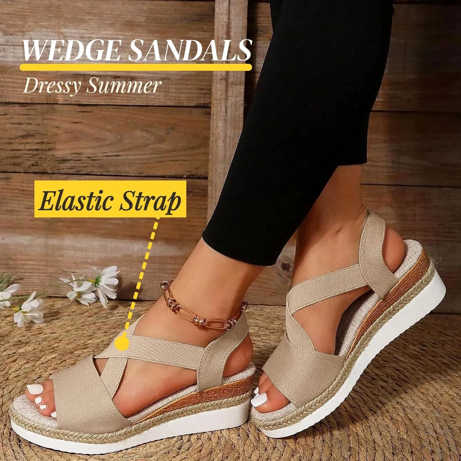 Wedge Sandals for Women Dressy Slip on Comfortable Summer Fashion Beach Sandals Open Toe Crossed Elastic Band Walking Shoes