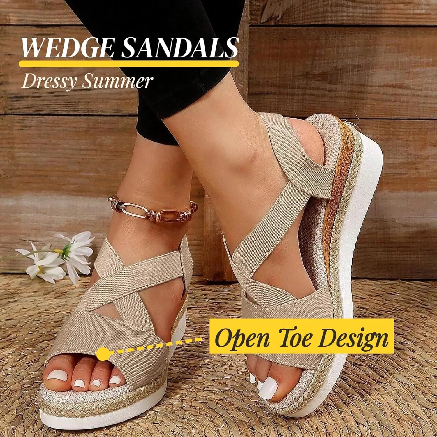 Wedge Sandals for Women Dressy Slip on Comfortable Summer Fashion Beach Sandals Open Toe Crossed Elastic Band Walking Shoes