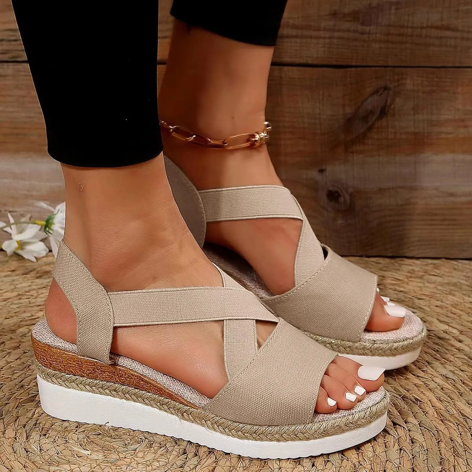 Wedge Sandals for Women Dressy Slip on Comfortable Summer Fashion Beach Sandals Open Toe Crossed Elastic Band Walking Shoes